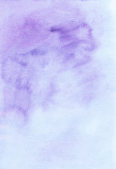 Watercolor light lavender gradient background hand painted. Aquarelle lavender stains on paper. Pastel purple watercolour backdrop. Vintage abstract wallpaper. Wash drawing trendy backdrop. Cards.