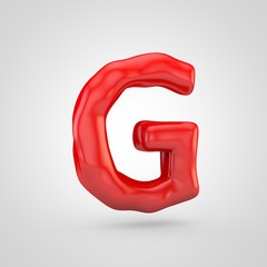 Red plasticine letter G uppercase isolated on white background.