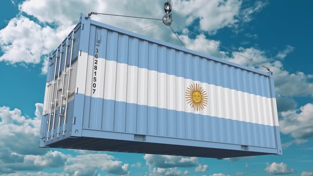 Loading cargo container with flag of Argentina. Argentinean import or export related conceptual 3D animation