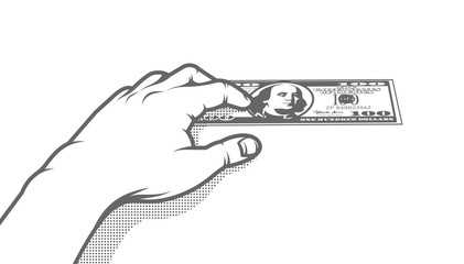 The hand presses a hundred-dollar bill to the table. Retro pop art vector black and white illustration.