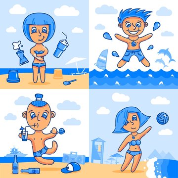 Funny cartoon boys and girls on the beach by the sea