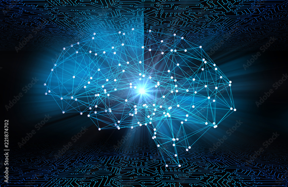 Poster digital data and network connection of human brain with flare light on black background in the form 