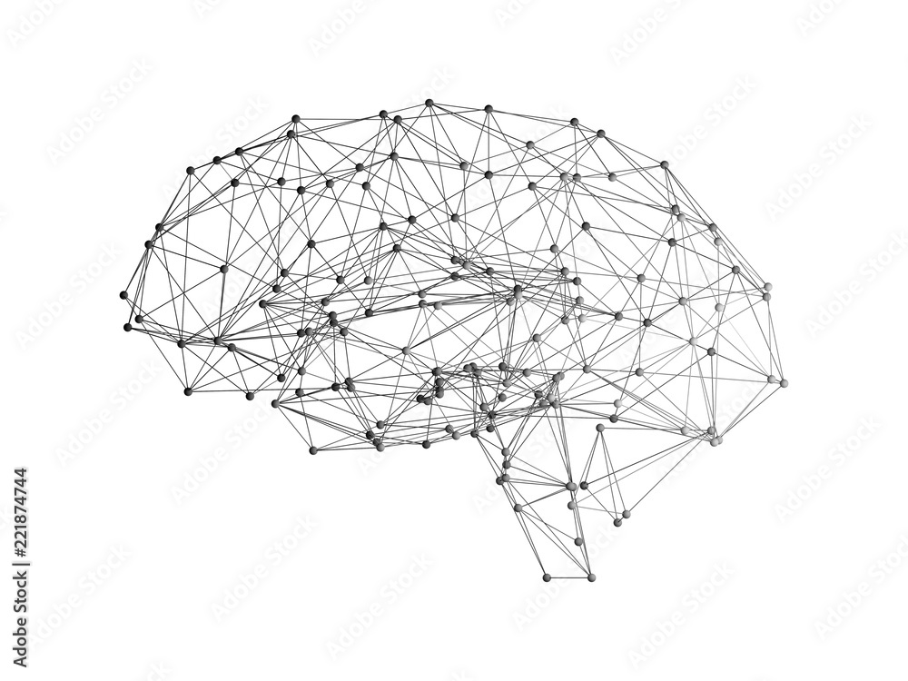Poster digital data and network connection of human brain on white background in the form of artificial int