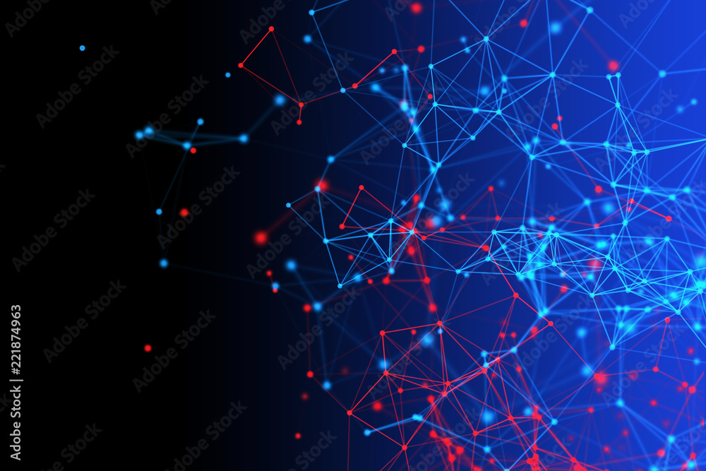 Poster red and blue digital data and network connection triangle lines and spheres in technology concept on