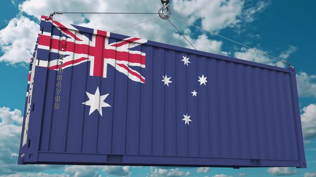 Cargo container with flag of Australia. Australian import or export related conceptual 3D animation