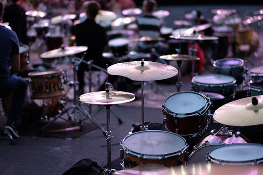 Drums and cymbals sets of drummers musicians at the Percussion Music Festival