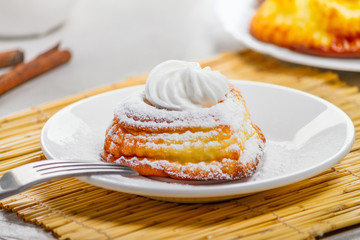 Cheese curd dish for breakfast - sweet cottage cheese pancakes, syrniki, curd fritters, selective...