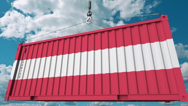 Container with flag of Austria. Austrian import or export related conceptual 3D animation