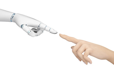 Robot hand concept future robot and human  white background hand robot 3D rendering