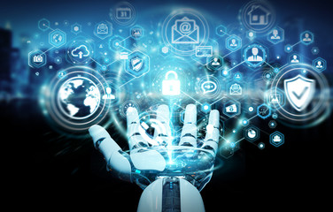 White robot hand using cyber security data interface 3D rendering