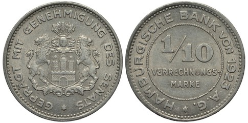 Germany German Hamburg aluminum coin 1/10 one tenth of a mark 1923, lions support shield with fortress, value within central circle,