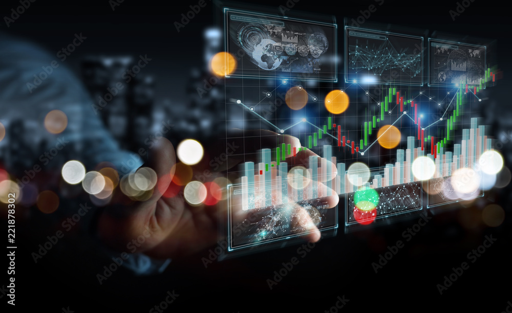 Aufkleber Businessman using 3D rendering stock exchange datas and charts