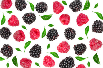 blackberry and raspberry with leaves isolated on white background. Top view. Flat lay pattern