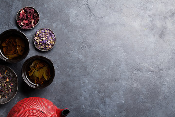 Various tea and teapot. Black, green and red tea
