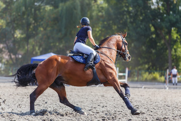 Young woman riding horse on her course in show jumping equestrian competition