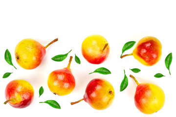 ripe red yellow pear fruits isolated on white background with copy space for your text. Top view. Flat lay pattern