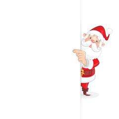 Cute Santa Claus standing behind white board and on right side showing what is on it