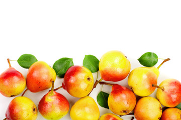 ripe red yellow pear fruits with leaf isolated on white background with copy space for your text. Top view. Flat lay pattern
