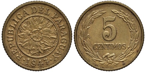 Paraguay Paraguayan coin 5 five centavos 1947, Passion flower within circle, date below, value within wreath, 
