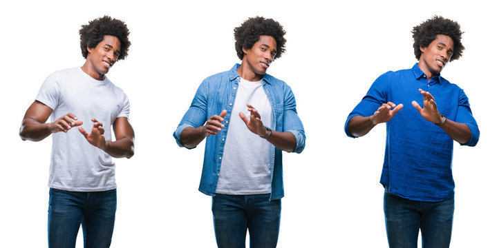 Collage of african american young shirtless man and business man over isolated background disgusted expression, displeased and fearful doing disgust face because aversion reaction. With hands raised.
