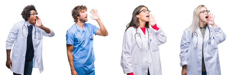 Collage of group of doctor, nurse, surgeon people over isolated background shouting and screaming loud to side with hand on mouth. Communication concept.