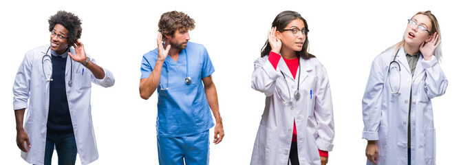 Collage of group of doctor, nurse, surgeon people over isolated background smiling with hand over ear listening an hearing to rumor or gossip. Deafness concept.