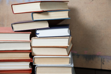 Stack of books background. many books