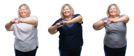 Collage of senior fat woman over isolated background smiling in love showing heart symbol and shape with hands. Romantic concept.