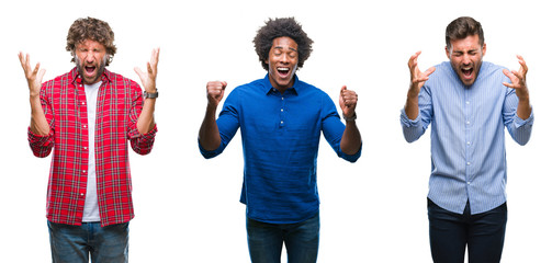 Collage of group of african american and hispanic men over isolated background celebrating mad and crazy for success with arms raised and closed eyes screaming excited. Winner concept