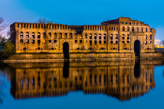 Ruins of old granary over Narew river in Modlin, Poland