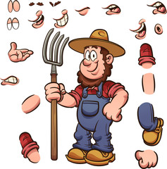 Cartoon farmer with different expressions holding a pitchfork. Vector clip art illustration with simple gradients. Some elements on separate layers. 