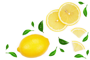 lemon and slices with leaf isolated on white background with copy space for your text. Flat lay, top view