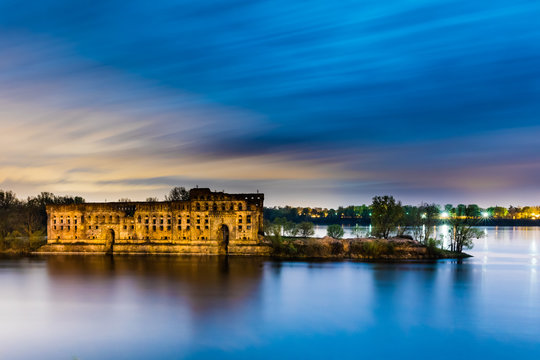 Ruins of old granary in confluence of Vistula and Narew rivers in Modlin, Poland