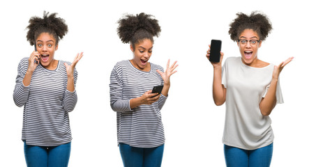 Collage of african american woman holding smarpthone over isolated background very happy and excited, winner expression celebrating victory screaming with big smile and raised hands