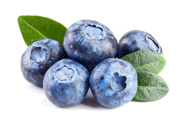 fresh blueberry with leaf isolated on white background