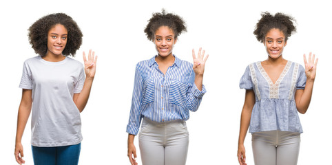 Collage of african american woman over isolated background showing and pointing up with fingers number four while smiling confident and happy.