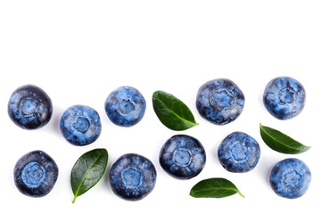 fresh ripe blueberry with leaf isolated on white background with copy space for your text. Top view. Flat lay pattern