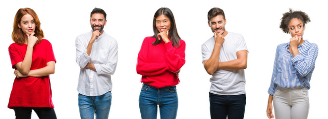 Collage of group chinese, indian, hispanic people over isolated background looking confident at the camera with smile with crossed arms and hand raised on chin. Thinking positive.