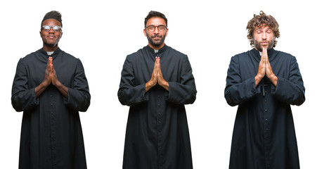Collage of christian priest men over isolated background praying with hands together asking for...