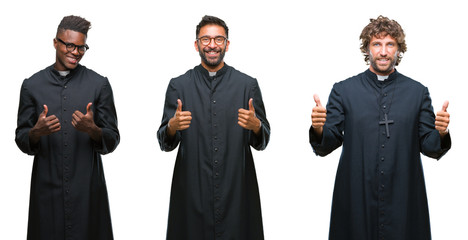 Collage of christian priest men over isolated background success sign doing positive gesture with hand, thumbs up smiling and happy. Looking at the camera with cheerful expression, winner gesture.