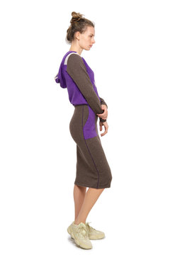 Attractive model demonstrates jersey clothes. Spring - Autumn casual outfit.