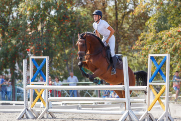 Young man riding horse on show jumping event. Sportsman on his course in equestrian competition