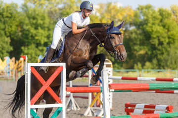 Young horse rider girl jumping over a hurdle on show jumping competition