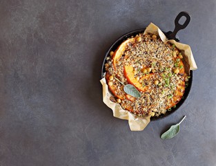 Pumpkin  chick pea crumble with quinoa parmesan crunch