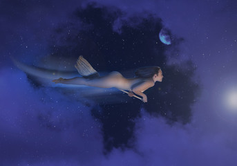 naked witch on a broomstick is flying along the night starry snowy sky leaving a trail, an abstract illustration.