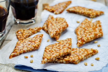 Caramel pine nuts sweets. Italian cuisine