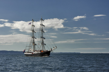 Fototapeta na wymiar Sailing boat during a cruise on the sea. Baltic Sea