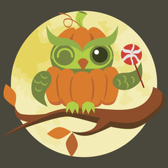 Cartoon Halloween orange pumpkin owl flat poster
