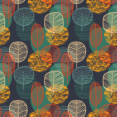 Abstract autumn seamless pattern with trees. Vector background for various surface. - obrazy, fototapety, plakaty