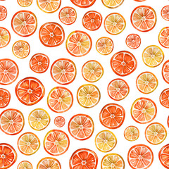 Seamless pattern with lovely colorful citrus slices. Watercolor painting. Hand drawn summer illustration.